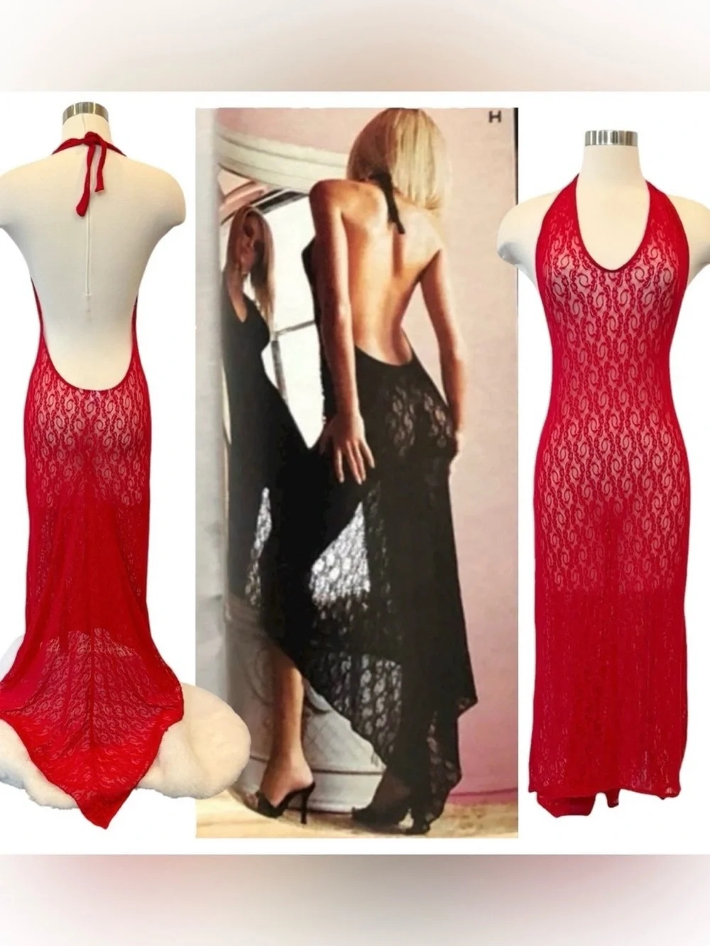 Y2K Victoria’s Secret Red Sheer Stretch Lace Train Vintage Maxi Gown Slip Dress